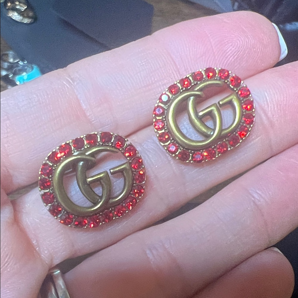 Gold Double-G Stud Earrings with Red Crystal Halo